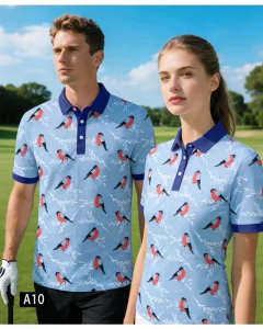 GEEDA Classic Turn down Collar Golf Clothes Summer Blue Bird Pattern Men Women Golf Polo Shirts with Short Sleeve Sun Protection