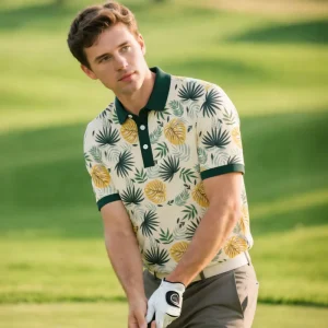GEEDA Golf Clothes Tropical Plant Collection Tropical Leaf Print Short Sleeve Golf Outfit Men Women Turn Down Collar Polo Shirts