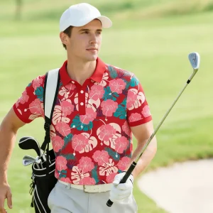 GEEDA Golf Clothes Vibrant Red Floral Golf Polo Shirt Men Women UV Resistant Moisture Wicking Short Sleeve Summer Sportswear