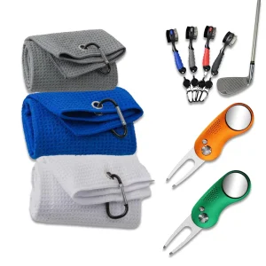 Golf Accessories Cleaning Kit Gift Set Microfiber Waffle Golf Towels Nylon Club Brush Golf Divot Repair Tool with Ball Marker