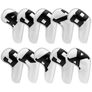 Golf Accessories Golf Club Headcovers PU Leather Black Characters Golf Iron Head Covers with White Background