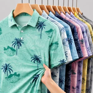 Golf Apparel OEM Manufacturer Allover Print Breathable Moisture Wicking Quick Dry Slim Fit Knit Golf Shirt T Shirts Polo T Shirt