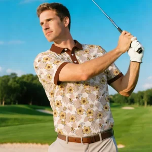 Golf Clothes Factory Turn-Down Collar Polo Shirt Tropical Plant Collection Print Short Sleeve Golf Outfit for Golf Sports