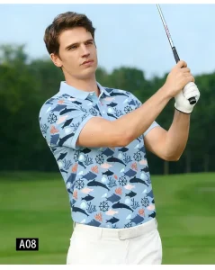 Golf Clothes UPF OEM Custom Full Print Golf Polo Shirt Men’s Blue Fishes Pattern Golf Wear Supplier