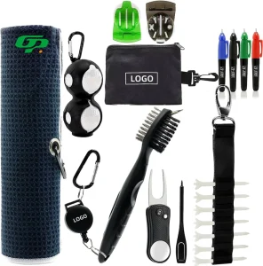 Golf Club Kit With Towel Iron Wood Brush Foldable Divot Tool Ball Marker and Marking Pens Tee Holder OEM Golf Accessories Set