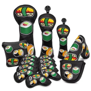 Golf Headcover Set for Driver, Fairway, Hybrid, Blade Putter, Mallet Putter and Irons, Wood Clover Design