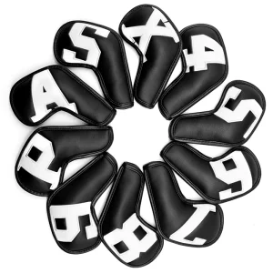 Golf Iron Headcovers Big Number PU Leather Black 10-Piece Set for Irons 4-9, P, S, A, X