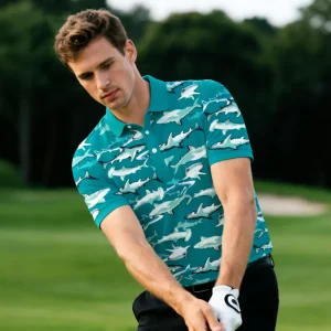 Golf Outfit Manufacturer Green Shark Patten Unisex Golf Clothes OEM Short Sleeve Embroidery Polyester Polo Golf Shirts