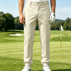 Golf Pants OEM Sand Beige Woven Breathable Stretch Quick Dry Athletic Jogger Ribbed Cuff Men Golf Pants