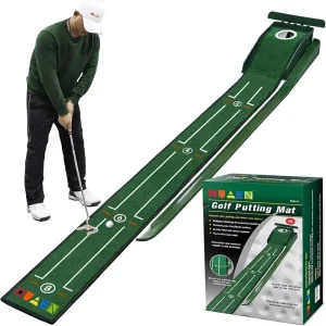Golf Plastic Putting Green Indoor Set 8 Feet Putting Mat Auto Ball Return Ambidextrous for Men Gift Home Office Golf Practice