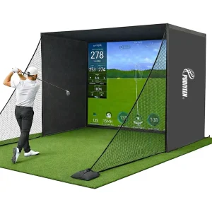 Golf Practice Net Golf Simulator Enclosure for Home 10×8 ft Cage with HD Impact Sim Screen Two Shank Nets