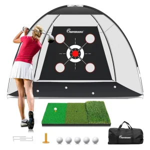 Golf Practice Net Set 10x7ft Triple Turf Mat Ball Tee Carry Bag Multi Target Chipping Driving Training System