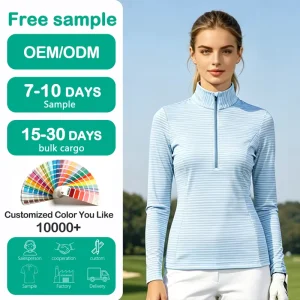 Golf Shirts Stripe Print Long Sleeve Stand Collar Half Zip Quick Dry Moisture Wicking Golf Shirts for Womens