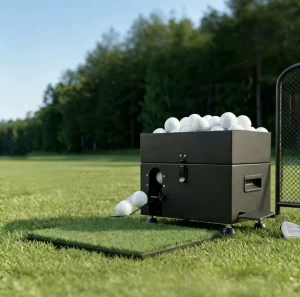 Golf Training Equipment Black Metal Golf Ball Dispenser with Foot Pedal Operation 50 Balls Capacity Golf Ball Dispenser Indoor