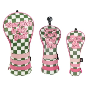 Green Check Print Pink Patches Three-piece Golf Head Cover Set Club Wood Head Cover Driver Cover 1 3 5 Golf Headcover