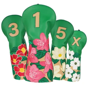 Green PU Leather Flower Azalea Golf Headcovers Set Driver 1 3 5 X Wood Club Cover Golf Head Covers Golf Accessories