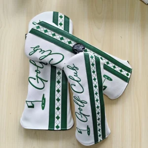 Green Stripe Argyle Embroidery PU Leather Waterproof Magnetic Closure Golf Club Headcover Set