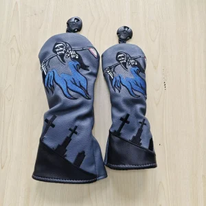 Grim Reaper Skull Embroidery Golf Headcovers PU Leather Driver Fairway Hybrid Wood Head Cover Gothic Tombstone Golf Club