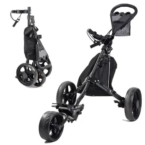 HOW TRUE Portable Aluminum Folding 3 Wheel Golf Hand Pull Trolley Foldable Golf Push Cart With Foot Brake