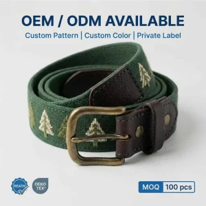 Handmade Needlepoint Belt Personalized Embroidered Golf Waistband Full Grain Leather Trim Brass Buckle OEM Factory