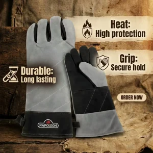 Heat Resistant Thermal Insulation BBQ Grill Gloves Genuine Leather Long Cuff Grayish Black Textured Modern S XL