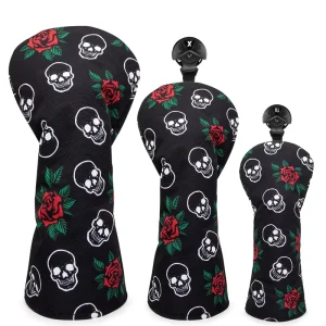 High Quality Golf Club Head Covers for Driver Wood and Hybrid Driver Nylon White Flowers Skulls 3pcs set Wood Headcover