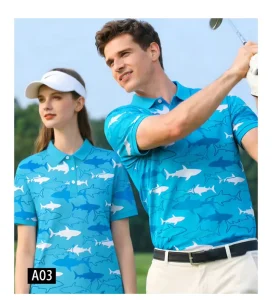 High Quality Ocean Blue Shark Pattern Golf Clothes Custom Logo GEEDA Sports Men Women Short Sleeve Golf Polo Shirts Manufacturer