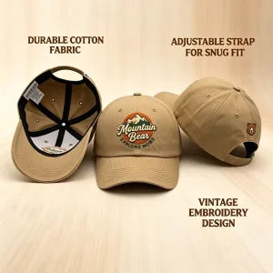 Khaki Washed Cotton Outdoor Camping Casual Hat Mountain Bear Vintage Outdoor Cotton Wildlife Embroidered Adjustable Baseball Cap