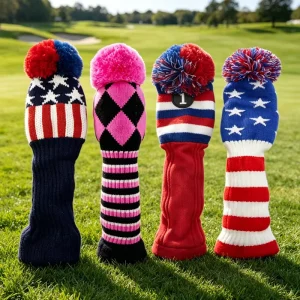 Knitted Wool Custom Logo Pompon Golf Headcover OEM Golf Knit Driver Fairway Wood Hybrid Club Headcovers