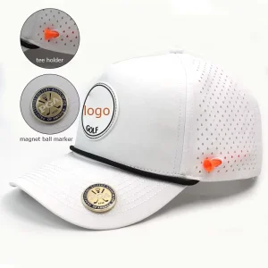 Laser Cut Hole Perforated Rubber Patch Logo Cap With Rope 5 Panel Waterproof Tee Holder Magnet Ball Marker Custom Golf Hat