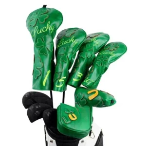 Leather Golf Headcover Set Four-Leaf Clover Pattern with Embroidered Club and Hat Covers