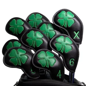 Leather Handmade 4-Leaf Clover Iron Headcovers 10-Piece Set for 4-9, A, P, S, L