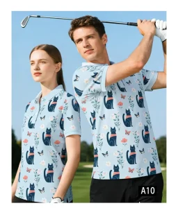 Light Blue Cat Print Pattern Golf Polo Shirts Men Women Golf Clothes with Four-Way Stretch Fabric Golf Outfit Factory