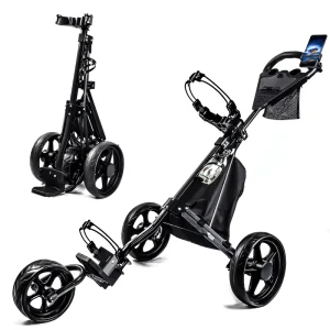 Lightweight Aluminum Alloy Folding Golf Push Pull Cart 3 Wheels Golf Trolley With Foot Brake Drink Holder