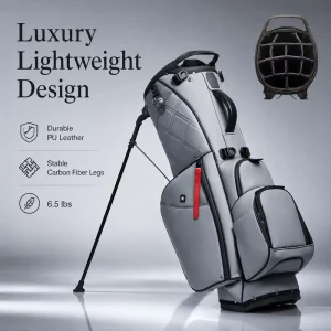 Lightweight Gray PU Leather Golf Stand Bag with Carbon Fiber Legs Waterproof Cart Bag