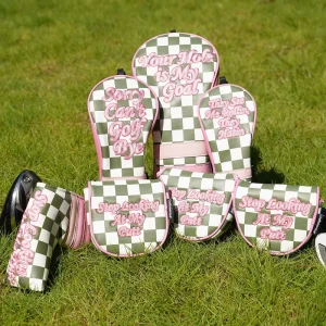 Luxury Golf Accessories Durable PU Leather Golf Driver Club Head Cover Customized Checkerboard Pink Golf Headcovers