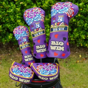 Luxury Purple PU Leather Embroidery Golf Headcovers Magnetic Poker Chip Mallet Putter Driver Golf Head Cover