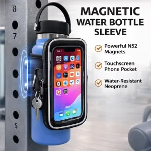 Magnetic Gym Water Bottle Holder Transparent Touchscreen Phone Pocket Adjustable Velcro Strap Waterproof Neoprene Bottle Sleeve