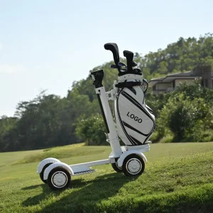 Man Riding Four Wheel Golf Electric Trolley with Lithium Battery Convenient Golf Trolley Scooter Electric Golf Trolley
