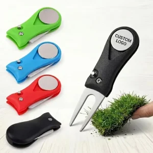 Manufacturer Custom Logo Switch Blade Magnetic Golf Divot Repair Tool with Blank Ball Marker Foldable Golf Accessory for Gift