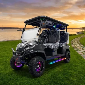Matte Black Aluminium 4 Seater Off Road Golf Cart Electric Utility Vehicle LED Light Strips Front Basket Disc