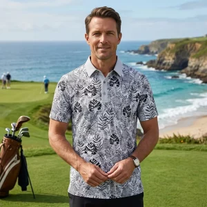 Men Hawaiian Print Polo Shirt Monochrome Tropical Leaf Pattern Soft Touch Performance Golf Polo Quick-Dry Resort Apparel