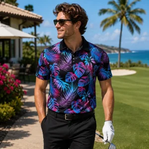 Mens All Over Palm Print Polo 88% Polyester 12% Spandex Breathable Performance Golf Club Apparel