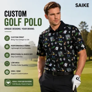 Men’s Golf Polo Shirt Custom Logo Pattern Print Knitted Fabric Lightweight Stretch Performance Casual Golf Apparel Supplier