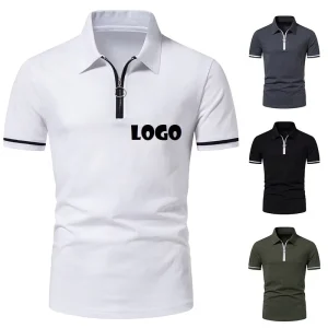 Men’s Golf Shirt European Casual Fashion Slim Fit Short Sleeve Zipper for Polo Breathable Knitted Fabric Solid