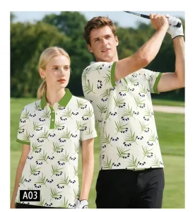Men’s Lapel Golf Polo Shirts Panda Print Pattern Short Sleeves Golf Clothes with High Quality Fabric Low MOQ Factory