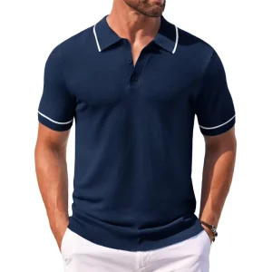 Men’s Navy Blue Textured Knit Polo Shirt Contrast Tipping Short Sleeve Casual Top