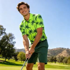 Men’s Neon Green Tropical Palm Print Golf Polo Shirt Breathable Quick Dry Lightweight Performance Polo Custom OEM Golf Apparel