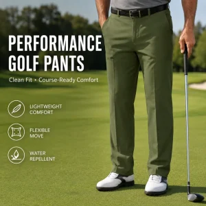 Men’s Olive Green Golf Pants Lightweight Water Repellent Stretch Breathable Straight Leg Performance Trousers