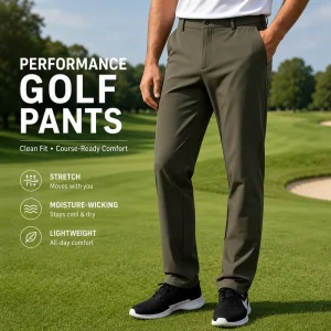 Men’s Olive Green Golf Pants Moisture Wicking Stretch Lightweight Straight Leg Performance Trousers for Team Wear